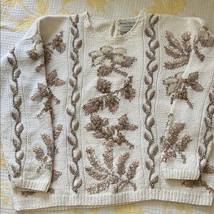 Marisa Christina Cream Sweater with Leaf Pattern